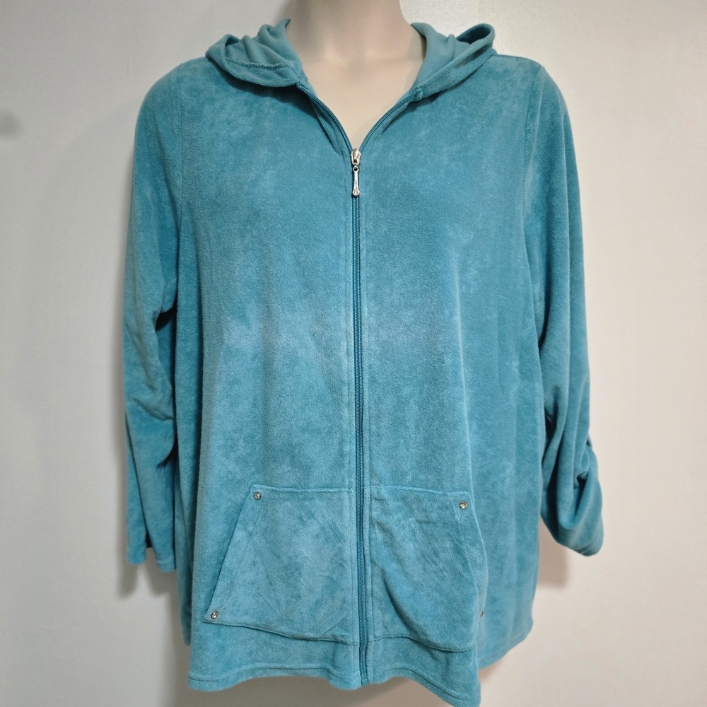 Quacker Factory Sz XL  Aqua Blue Terry Cloth Roll Tab Sleeve Cover-up Jacket